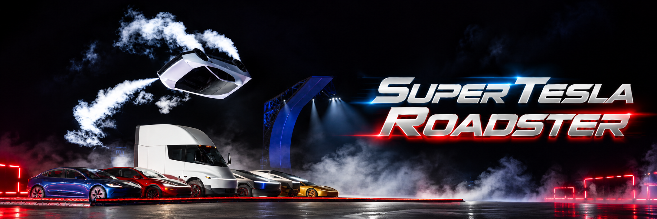 Nighttime Super Tesla Roadster reveal with an airborne Roadster and metallic lettering