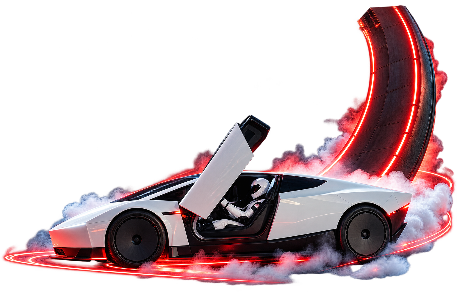 White Roadster with its door raised, red neon lighting, smoke, and a curved track