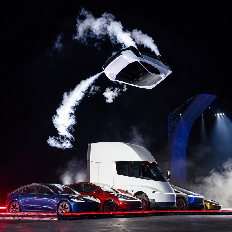 Airborne white Roadster above a nighttime lineup of vehicles, with vapor trails